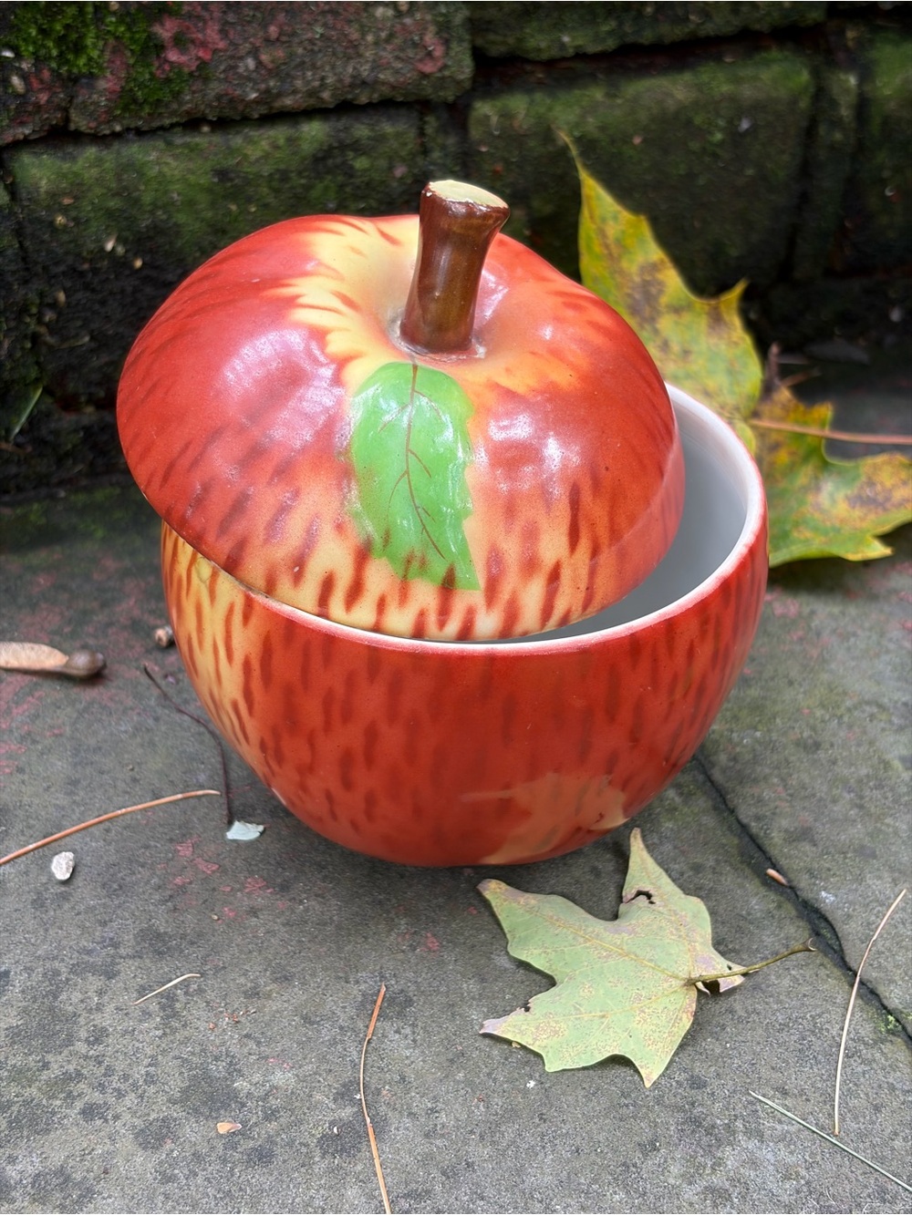 Vintage Hand Painted Apple Ceramic Lidded Jar or Trinket Box - Czechoslovakia